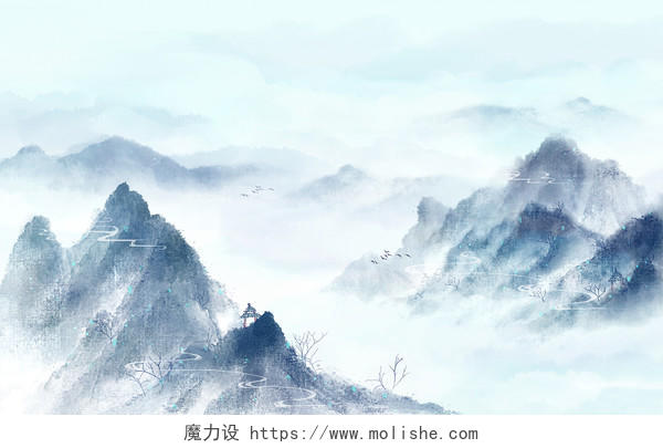 冬天中国风水墨节气立冬蓝色山水风景插画海报背景素材